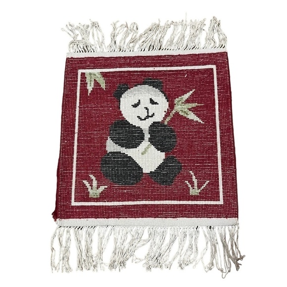 Panda Bear Silk Pictorial Fringe Rug with Bamboo Leaves Dark Red 12" X 13" - Picture 2 of 5